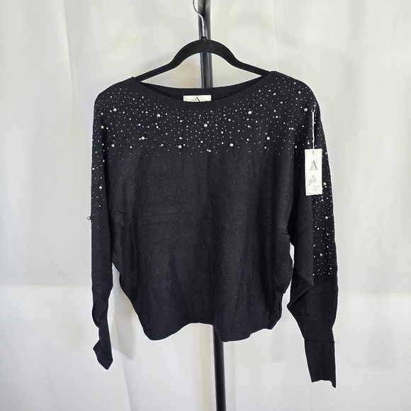 Black Soft Knit Sweater with Beads and Rhinestones - Picture 1 of 2